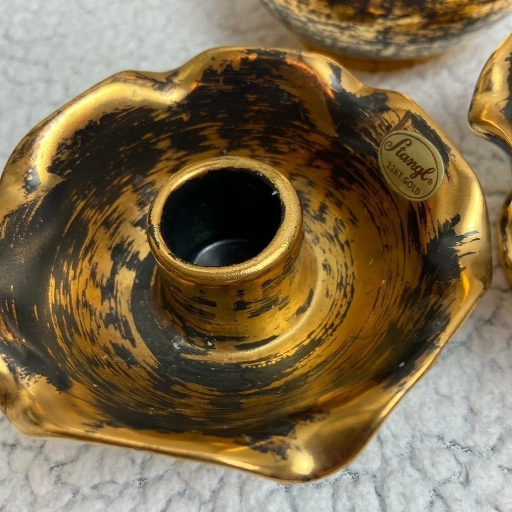 Vintage Stangl 22k Black Gold Vase/2 Candle Holders
